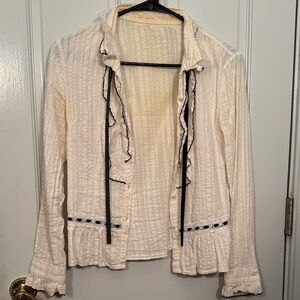 Elegant White Cream Ruffled Button-Up Long Sleeve Blouse